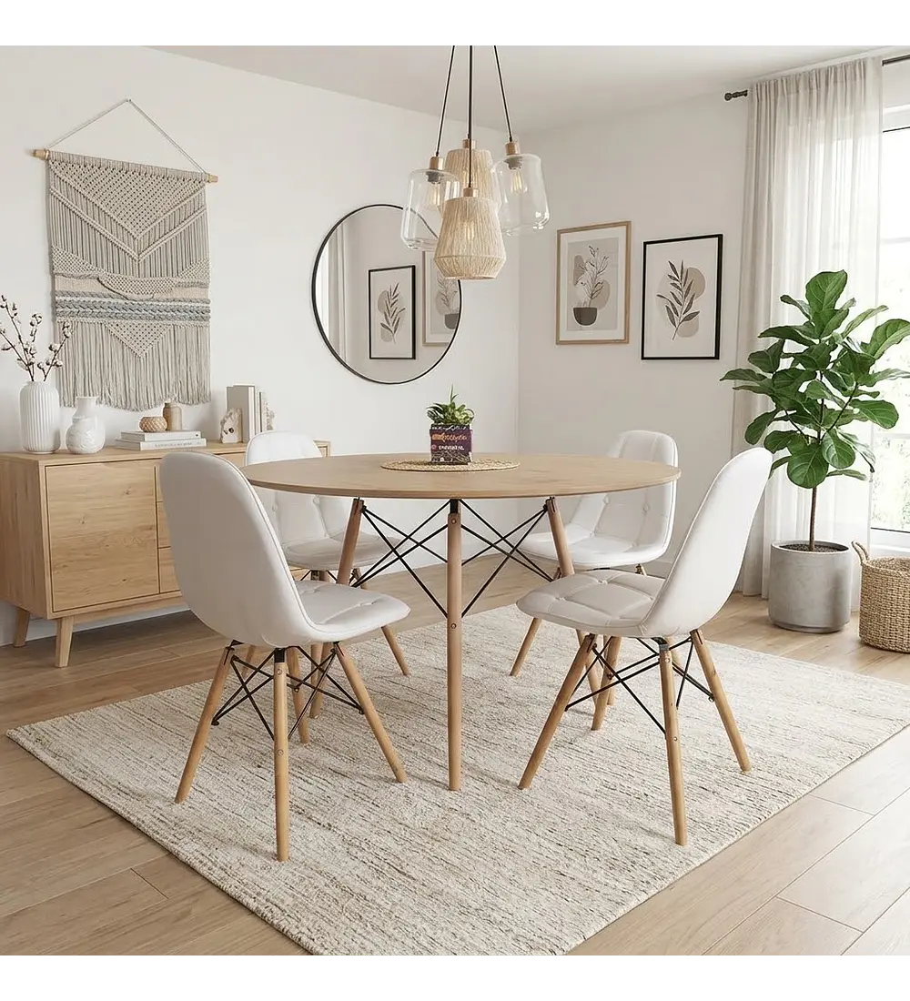 Comedor Mesa Wood 100cm + 4 Sillas Capitonne Eames Ecocuero