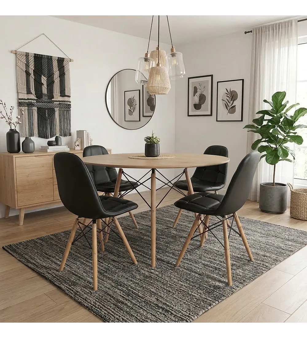 Comedor Mesa Wood 100cm + 4 Sillas Capitonne Eames Ecocuero