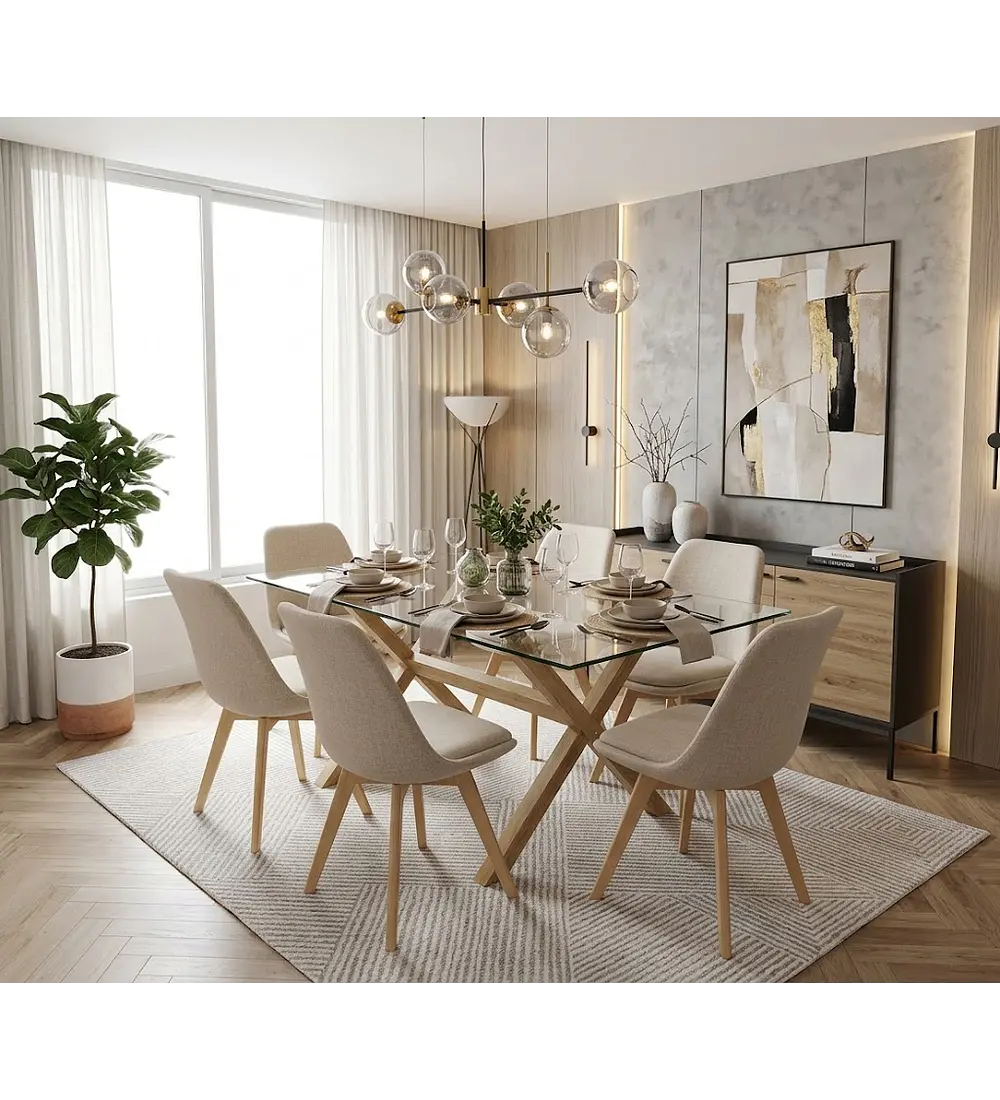 Comedor Medlock 140 x 90cm + 6 Sillas Tulip Lino