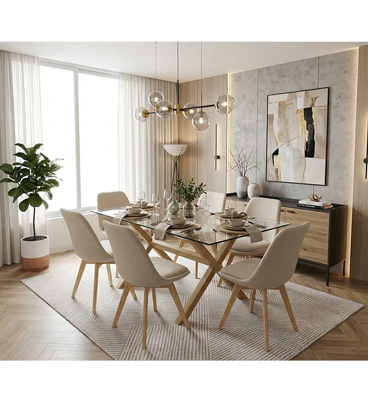 Comedor Medlock 140 x 90cm + 6 Sillas Tulip Lino