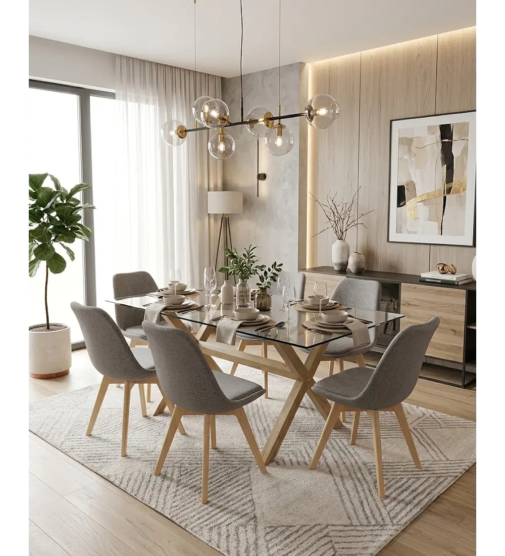 Comedor Medlock 140 x 90cm + 6 Sillas Tulip Lino
