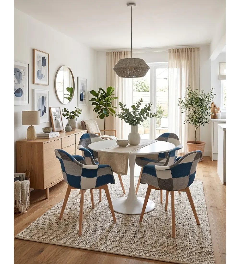 Comedor Mesa Tulip 100cms +  4 Butacas Patchwork Wood