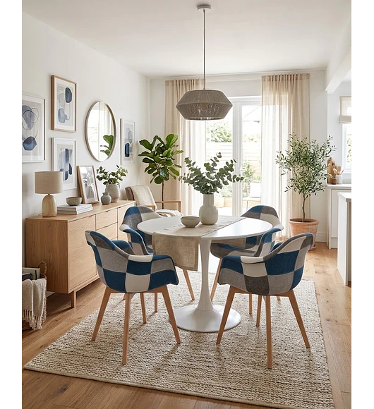 Comedor Mesa Tulip 100cms +  4 Butacas Patchwork Wood