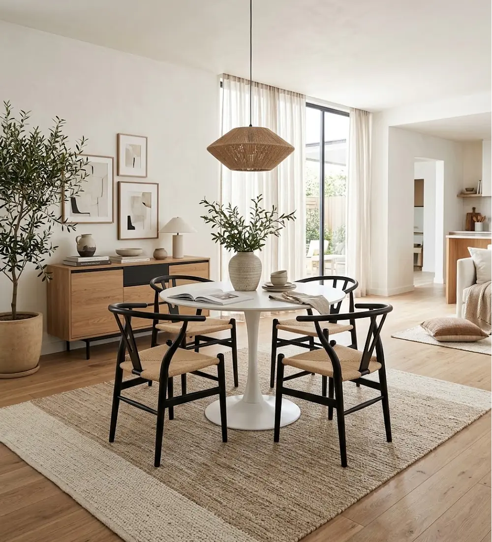 Comedor Tulip Blanca 100cms + 4 Silla Wishbone Madera Cuerda