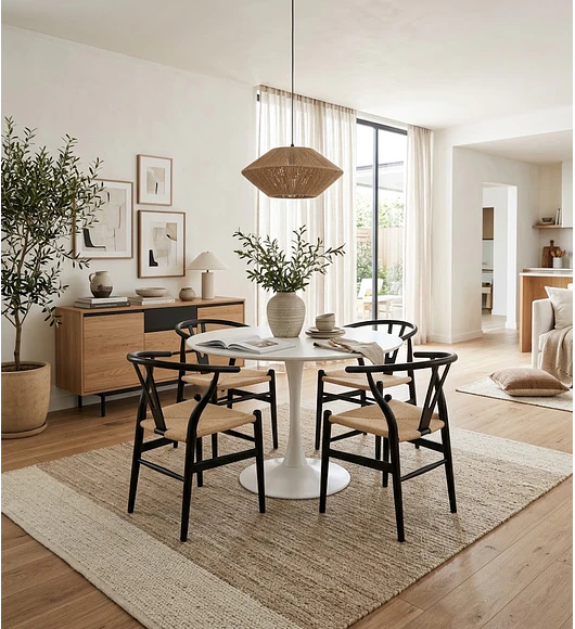 Comedor Tulip Blanca 100cms + 4 Silla Wishbone Madera Cuerda