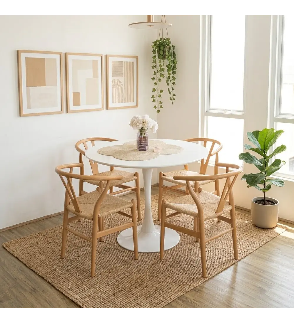 Comedor Tulip Blanca 100cms + 4 Silla Wishbone Madera Cuerda