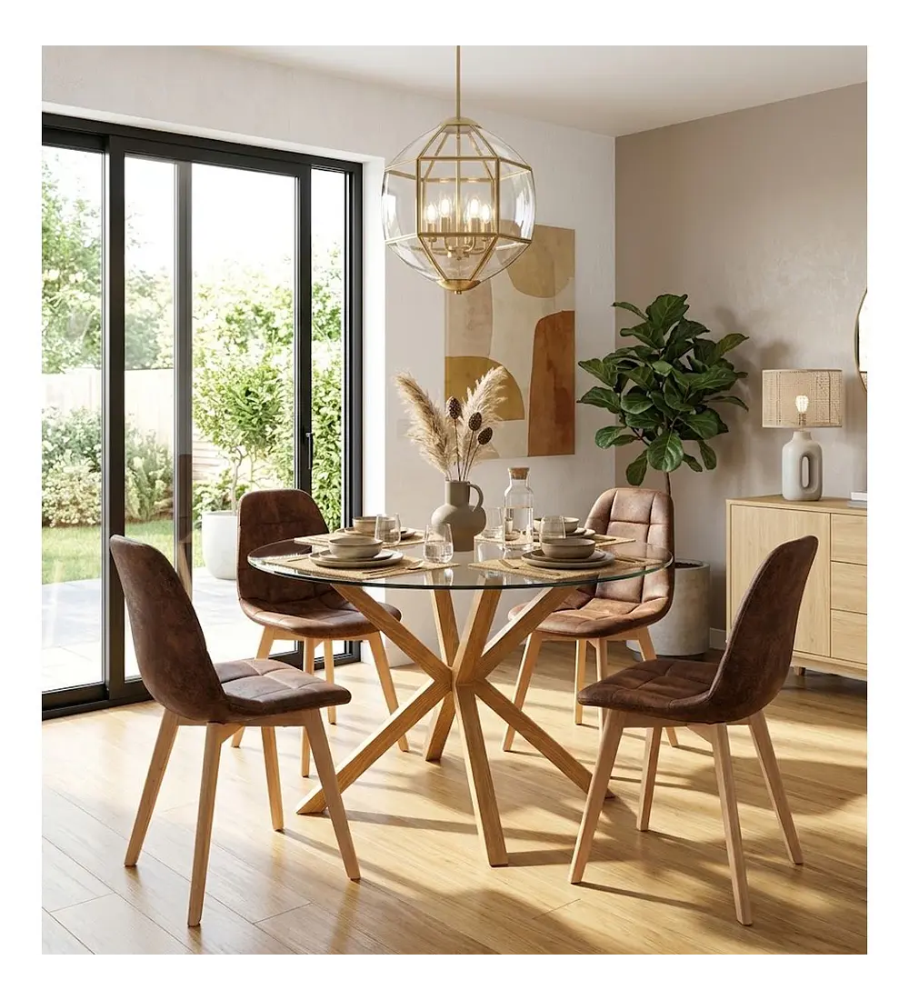 Comedor Warwick  100cm + 4 Sillas Capitonne Ecocuero Vintage