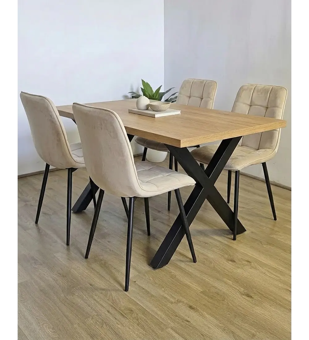 Comedor Mesa Metal Cross + 4 Sillas Capitonne Roma