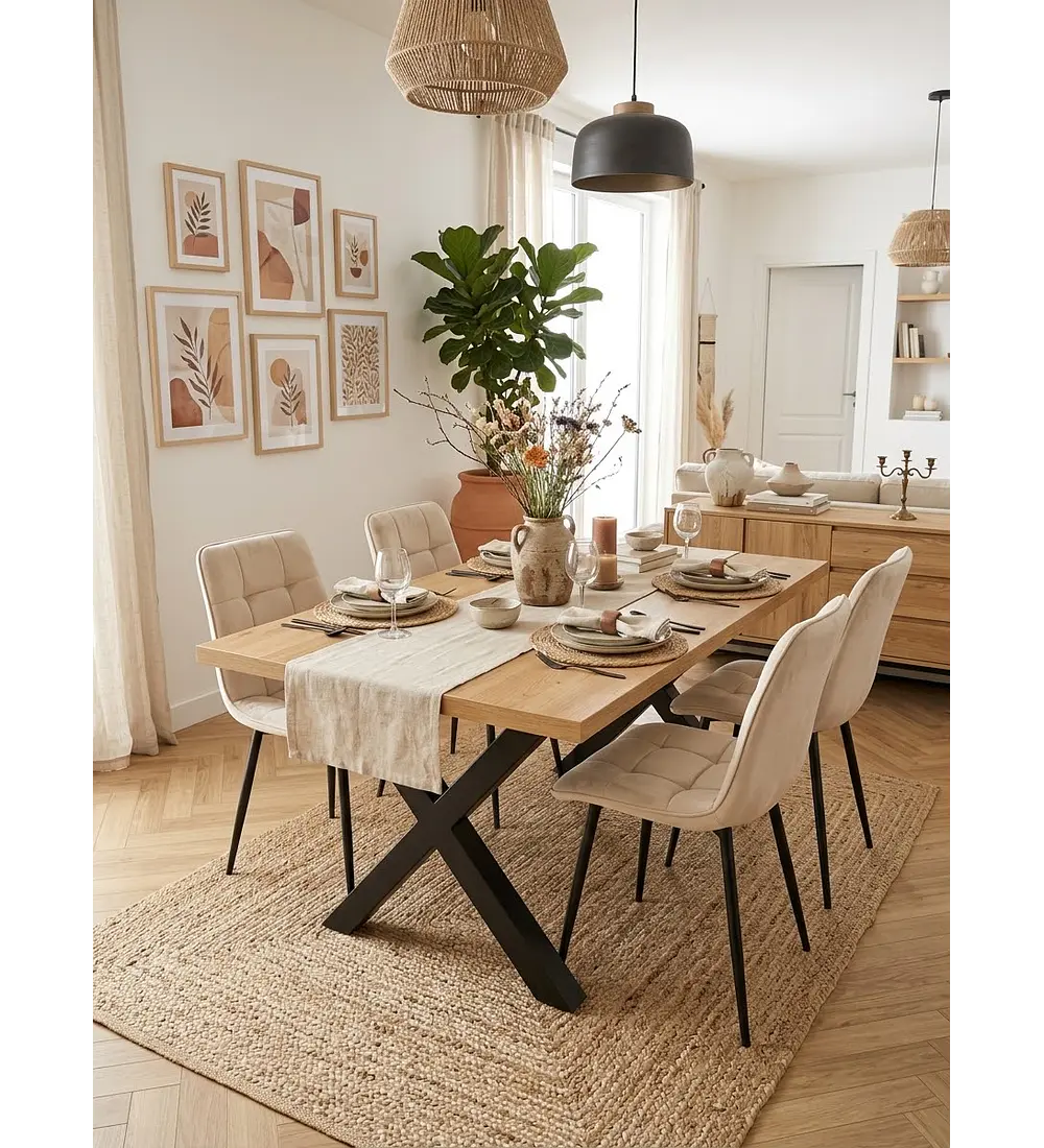 Comedor Mesa Metal Cross + 4 Sillas Capitonne Roma