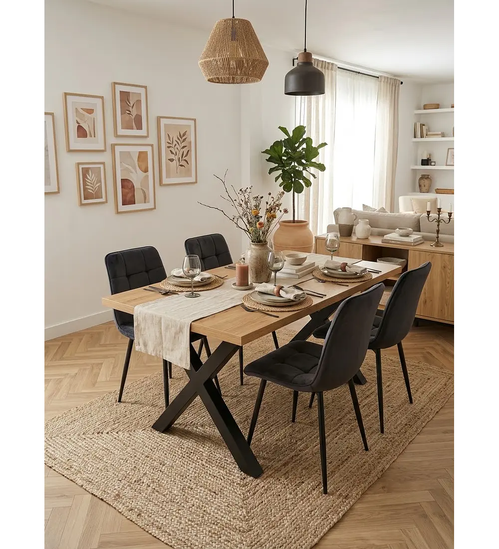 Comedor Mesa Metal Cross + 4 Sillas Capitonne Roma