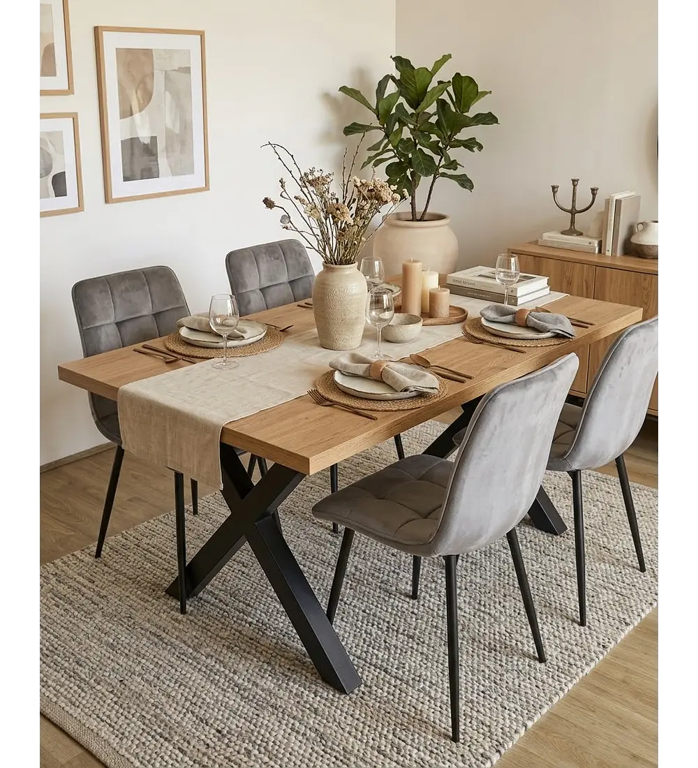 Comedor Mesa Metal Cross + 4 Sillas Capitonne Roma