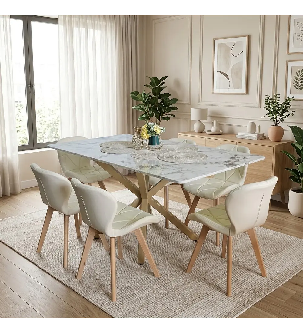 Comedor Madrid 140x80cms Stone Wood + 6 Sillas Mariposa Ecocuero Wood