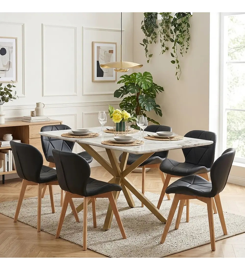 Comedor Madrid 140x80cms Stone Wood + 6 Sillas Mariposa Ecocuero Wood