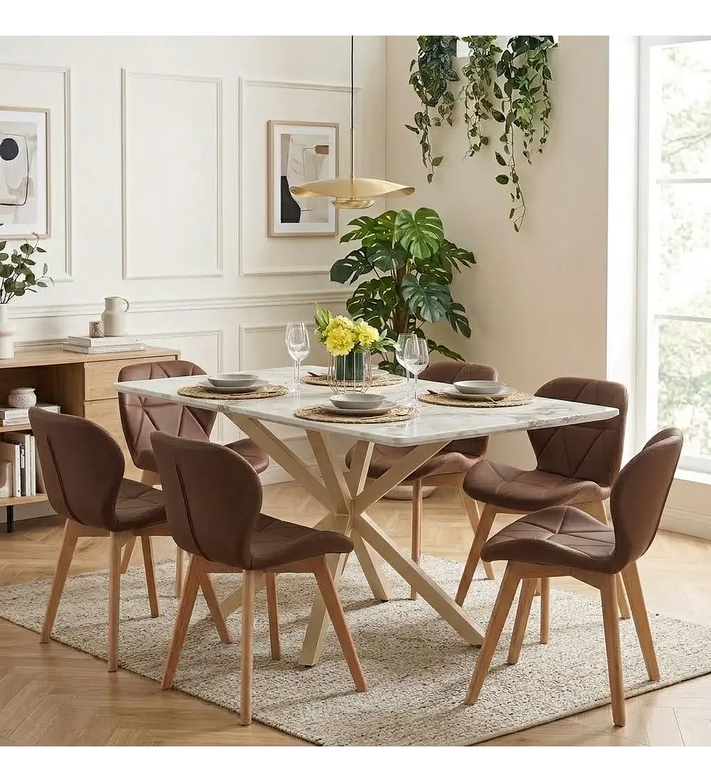 Comedor Madrid 140x80cms Stone Wood + 6 Sillas Mariposa Ecocuero Wood