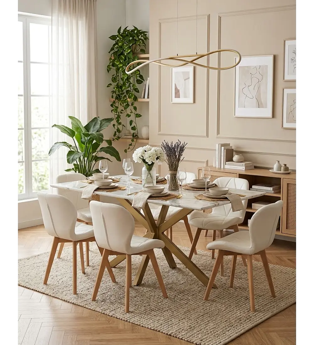 Comedor Madrid 140x80cms Stone Wood + 6 Sillas Mariposa Ecocuero Wood