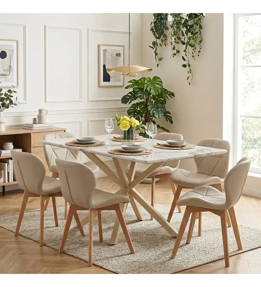 Comedor Madrid 140x80cms Stone Wood + 6 Sillas Mariposa Ecocuero Wood