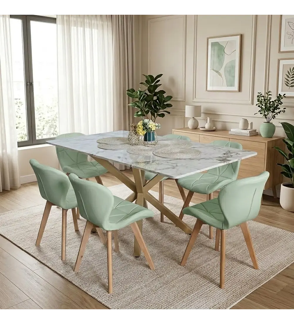 Comedor Madrid 140x80cms Stone Wood + 6 Sillas Mariposa Ecocuero Wood