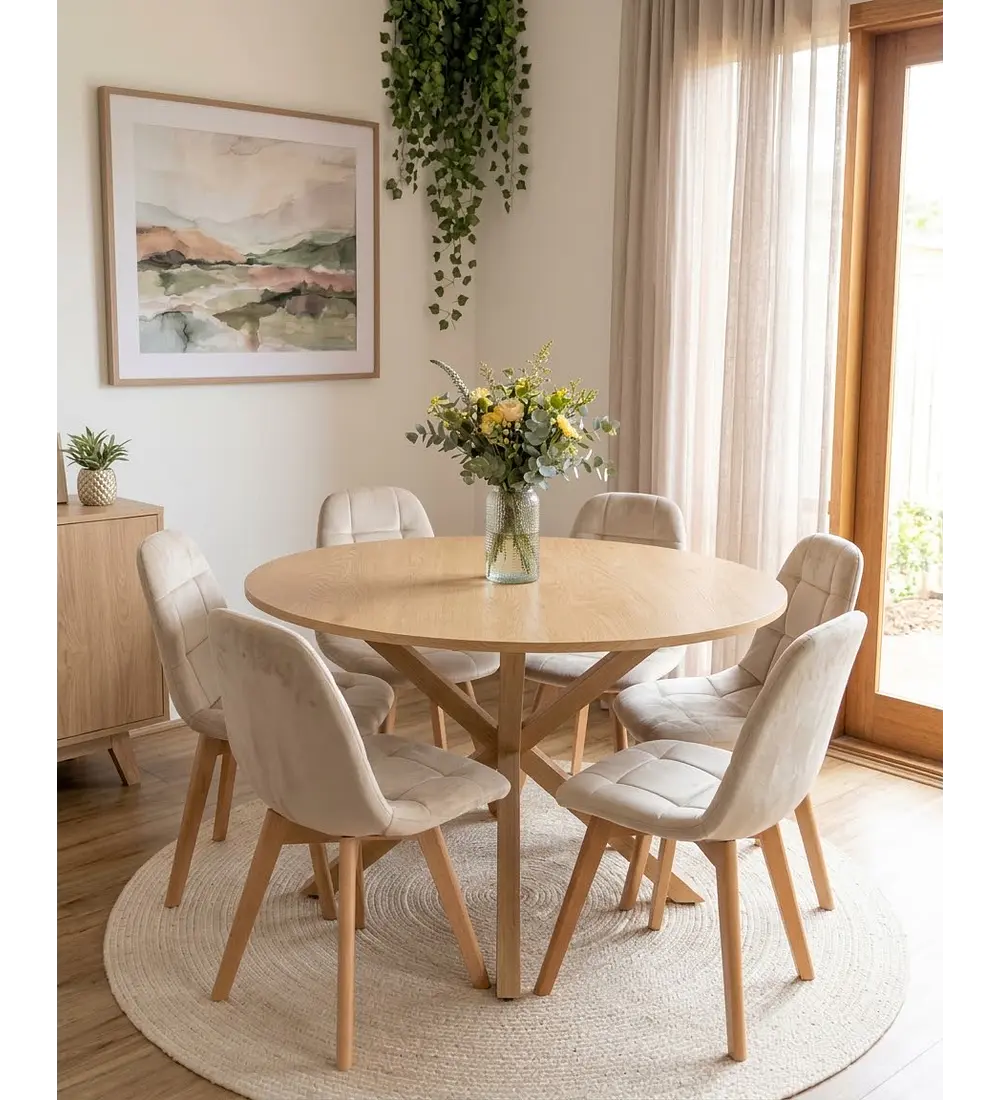 Comedor Warwick Wood  120Cms + 6 Sillas Capitonne Velvet