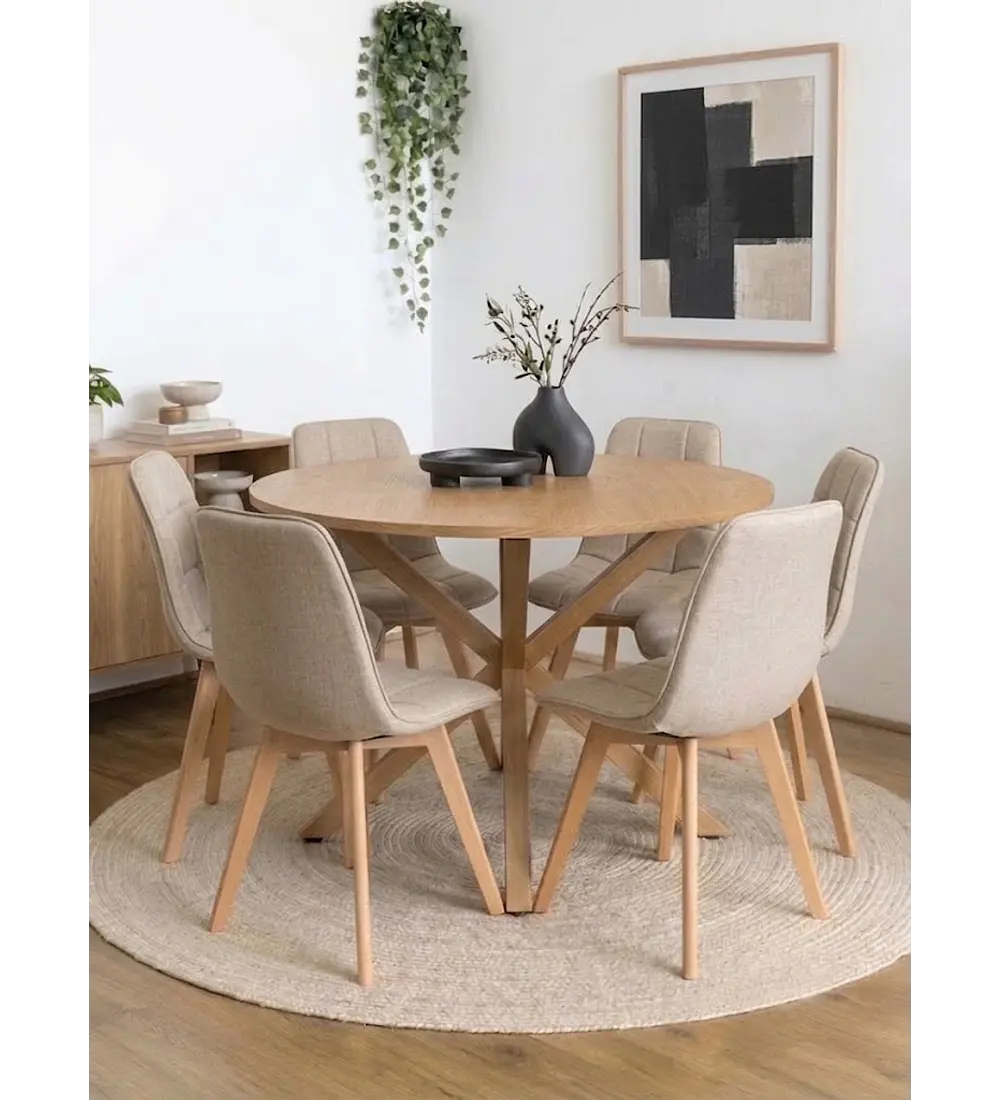 Comedor Warwick Wood  120Cms + 6 Sillas Capitonne Lino
