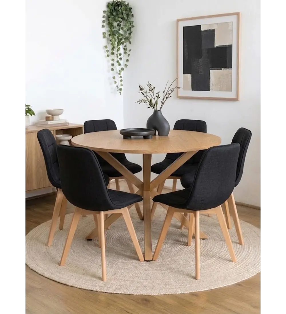 Comedor Warwick Wood  120Cms + 6 Sillas Capitonne Lino