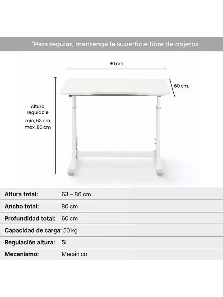 Escritorio con Altura Ajustable 80x60x63-86cm Funcional Bilbao Blanco 4