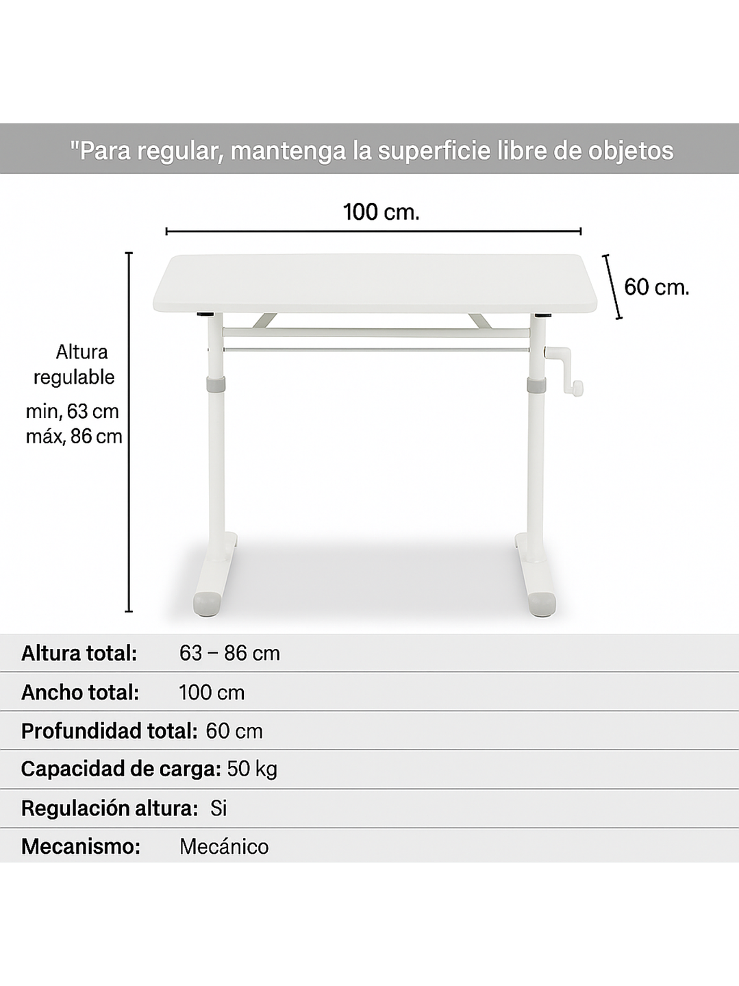 Escritorio con Altura Ajustable 100x60x63-86cm Funcional Tenerife Blanco 4