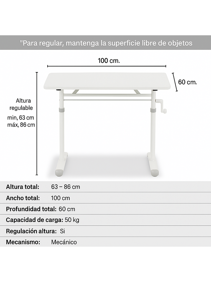 Escritorio con Altura Ajustable 100x60x63-86cm Funcional Tenerife Blanco 4