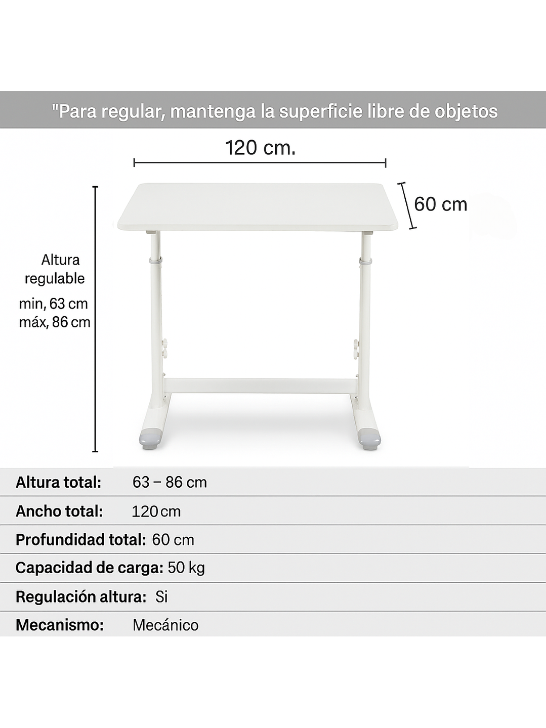 Escritorio con Altura Ajustable 120x60x63-86cm Funcional Toledo Blanco 3