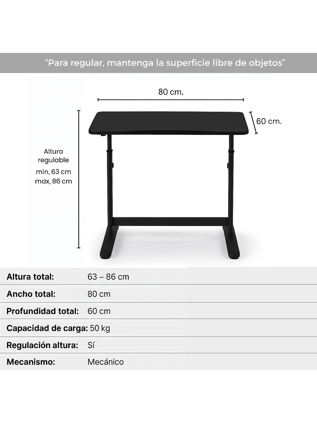 Escritorio con Altura Ajustable 80x60x63-86cm Funcional Bilbao Negro 4
