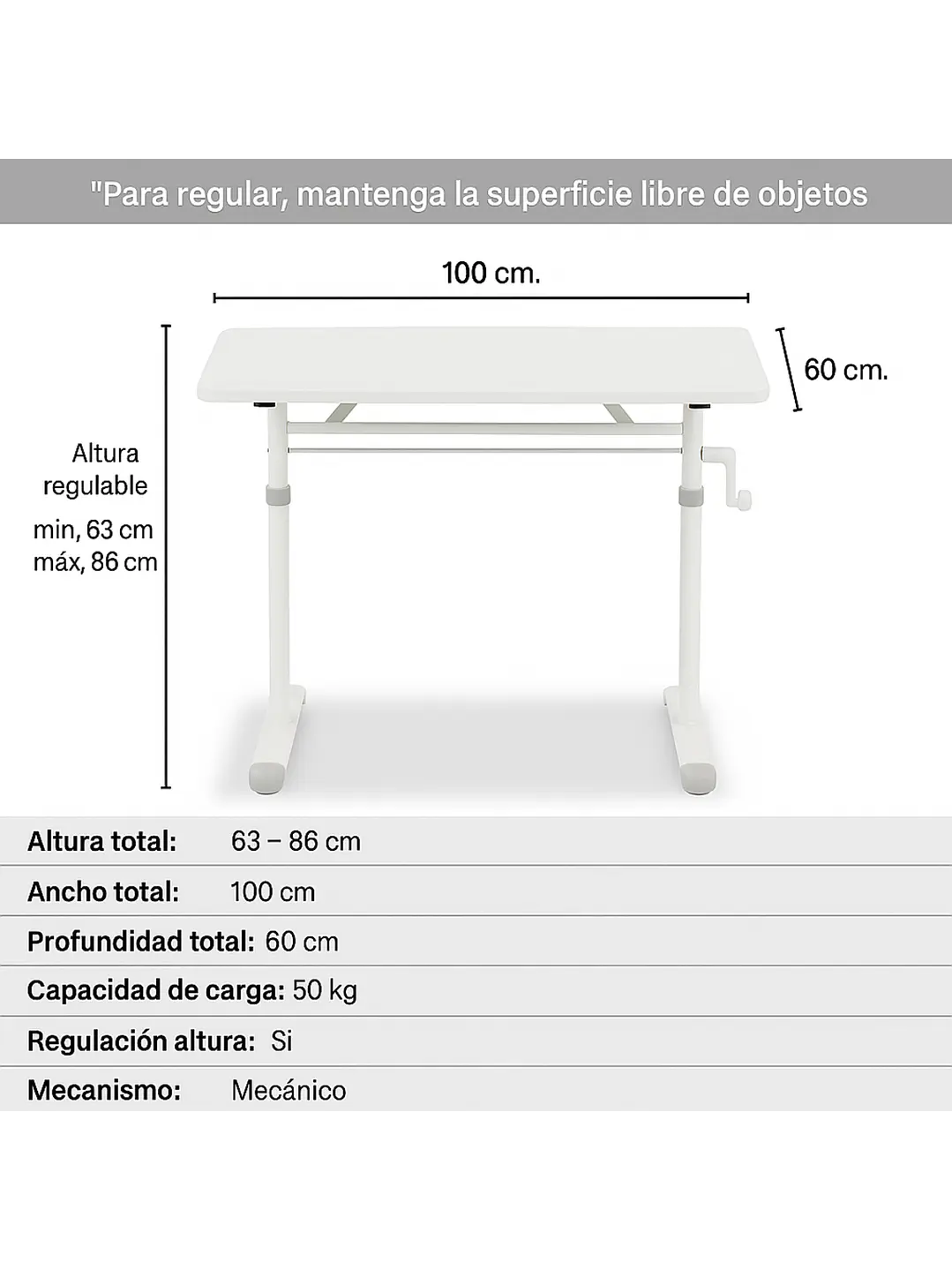 Escritorio con Altura Ajustable 100x60x63-86cm Funcional Tenerife Blanco 4