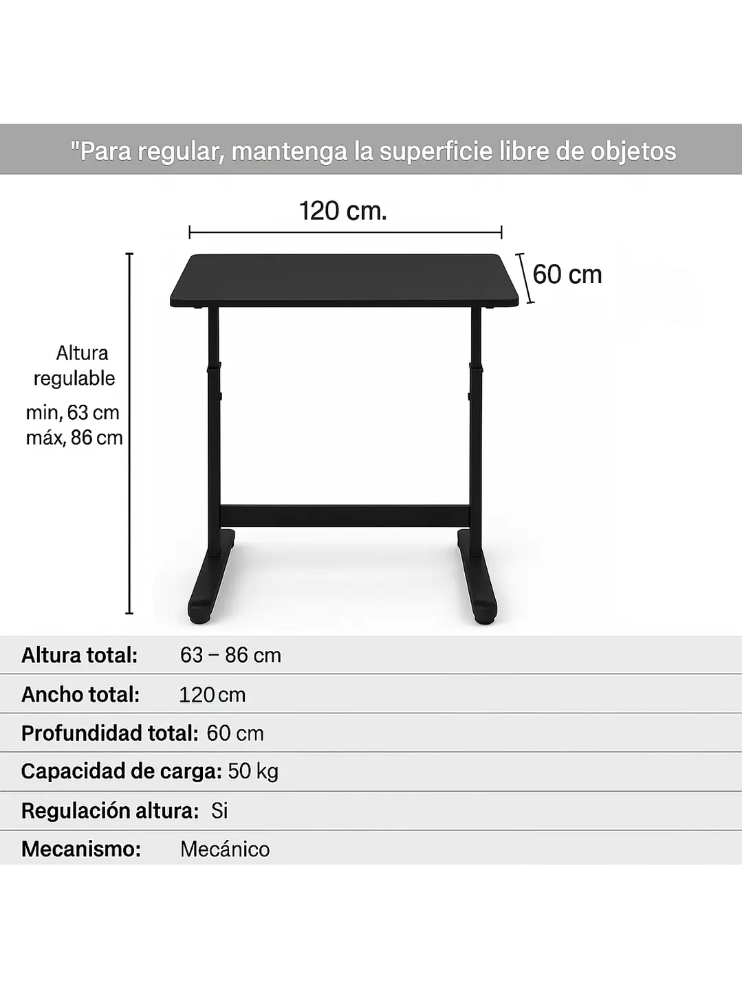 Escritorio con Altura Ajustable 120x60x63-86cm Funcional Toledo Negro 3