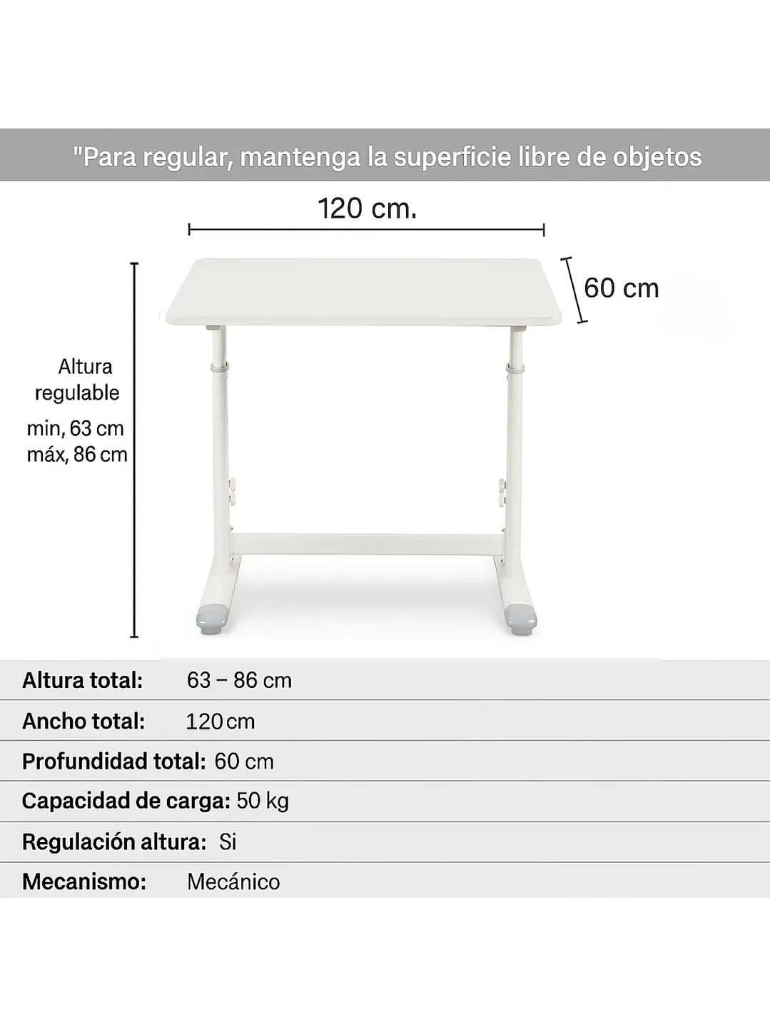 Escritorio con Altura Ajustable 120x60x63-86cm Funcional Toledo Blanco 3