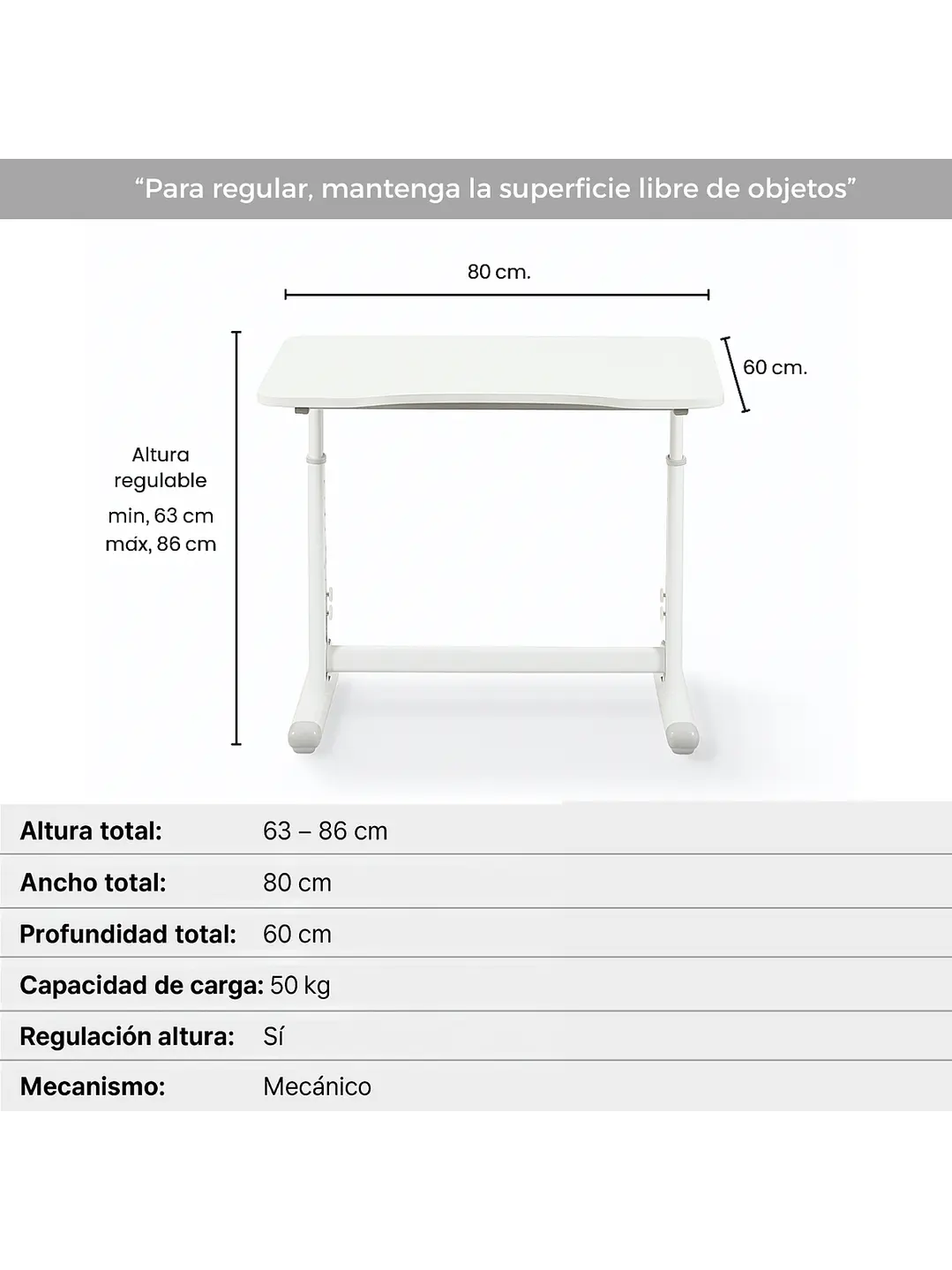 Escritorio con Altura Ajustable 80x60x63-86cm Funcional Bilbao Blanco 4