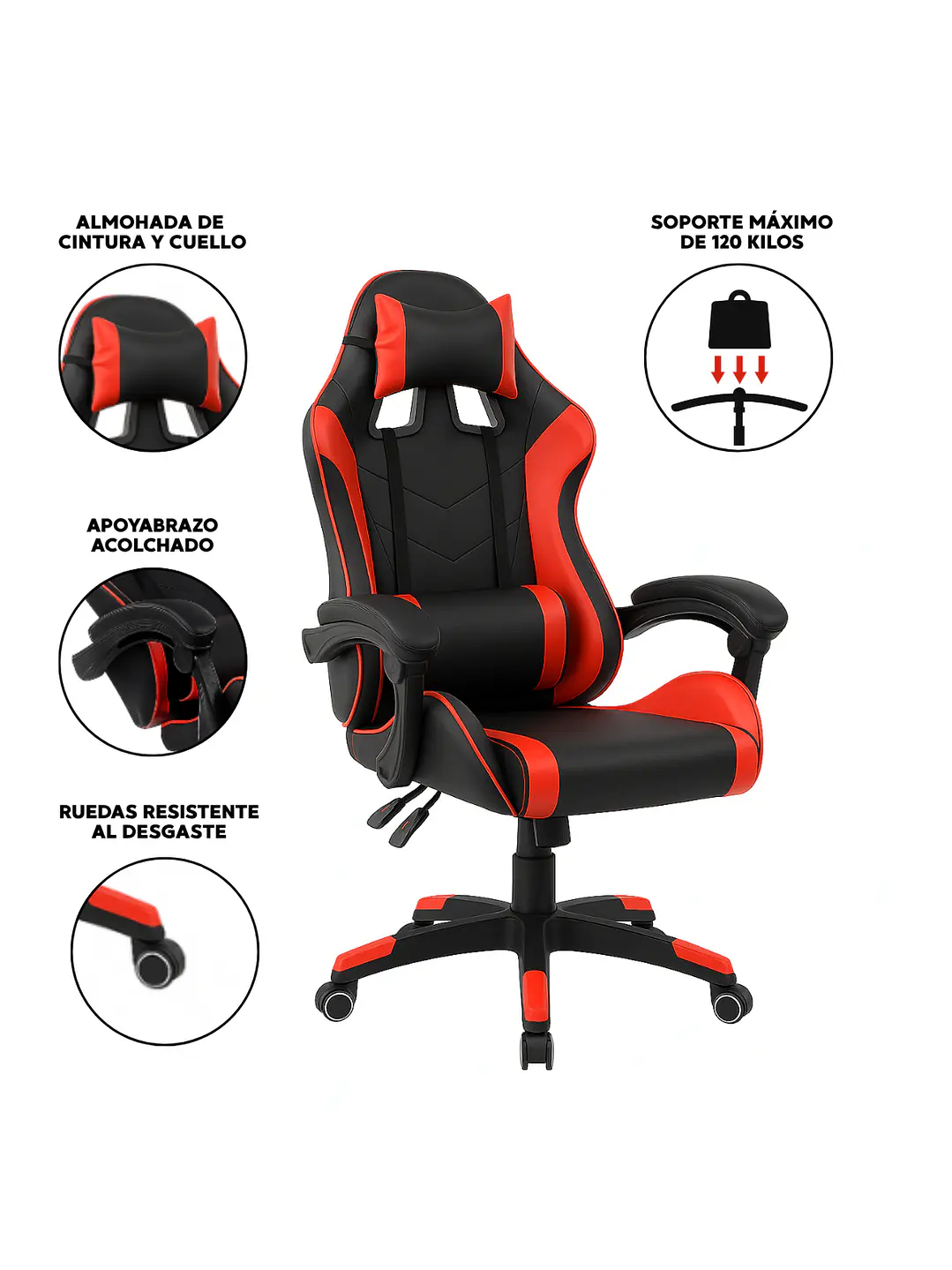 Silla Gamer de Escritorio Reclinable Color Roja 7