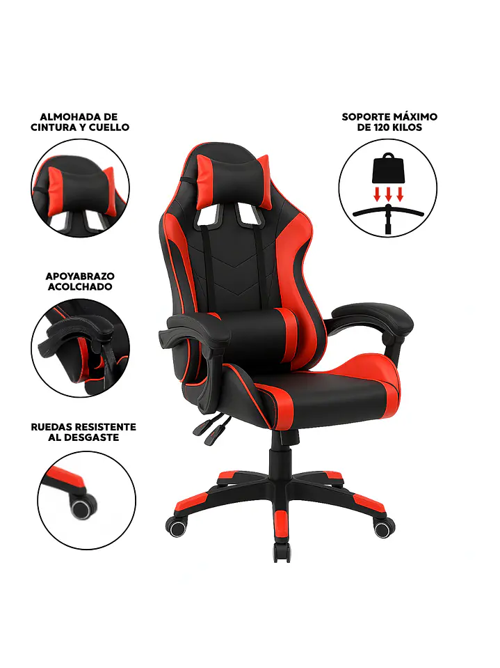 Silla Gamer de Escritorio Reclinable Color Roja 7