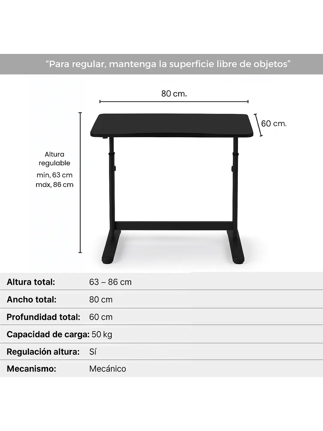 Escritorio con Altura Ajustable 80x60x63-86cm Funcional Bilbao Negro 4