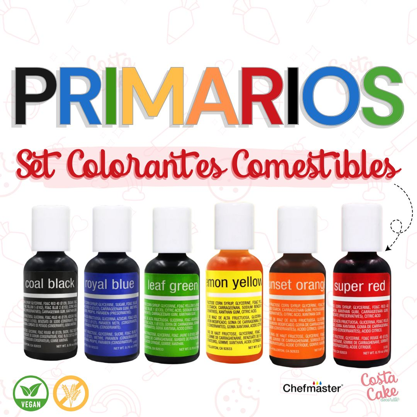 Set Colores Primarios 6 Unidades Liqua-Gel Chefmaster 20mL 1