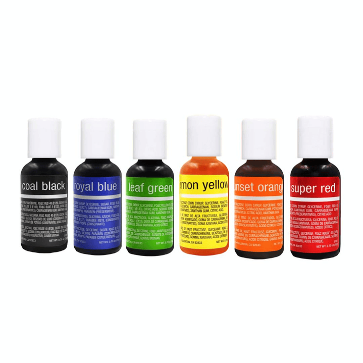 Set Colores Primarios 6 Unidades Liqua-Gel Chefmaster 20mL 2