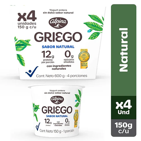 Yogurt Alpina Griego Natural 150 grs x 4 Unds