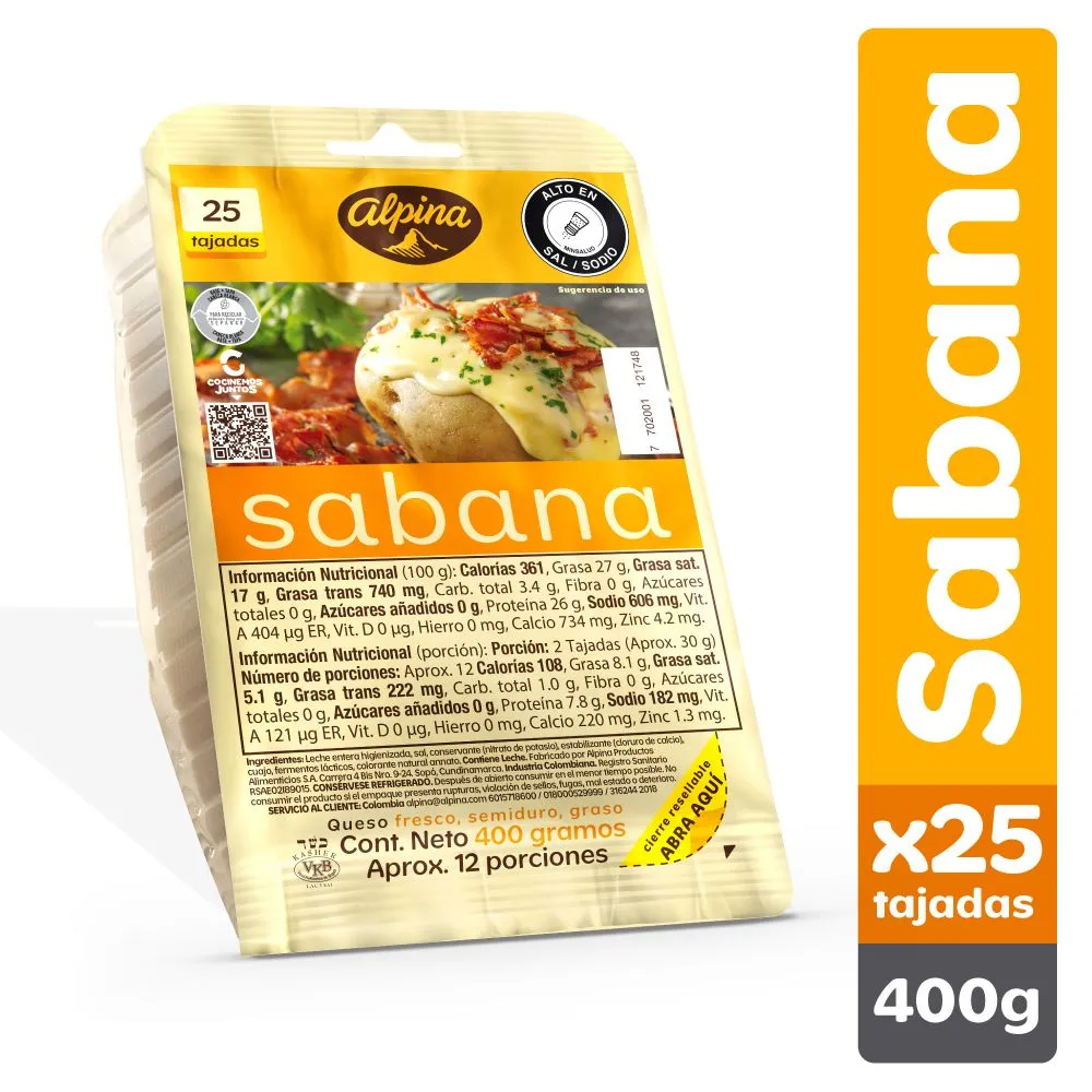 Queso Alpina Sabana 400 grs x 25 Tajadas