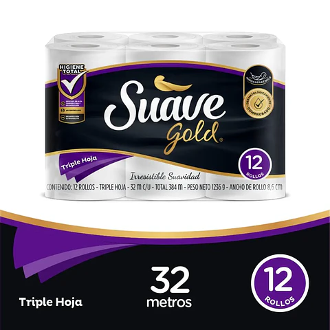 Papel Higienico Suave Gold Triple Hoja 32 Mts x 12 Unds