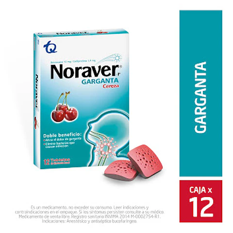 Noraver Garganta Cereza Benzocaina + Cetilpiridinio 10mg/1.4mg Tecnoquímicas Caja 12 Tabletas
