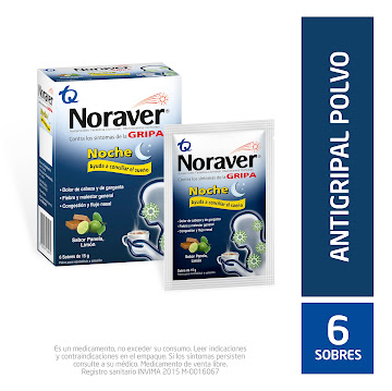 Noraver Gripa Noche Panela Limón Ibuprofeno + Fenilefrina + Cetirizina 200/10/3.33mg Caja 6 Sobres