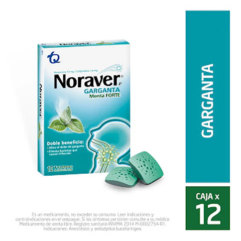 Noraver Garganta Menta Benzocain + Cetilpiridinio 10mg/1.4mg Tecnoquímicas Caja 12 Tabletas