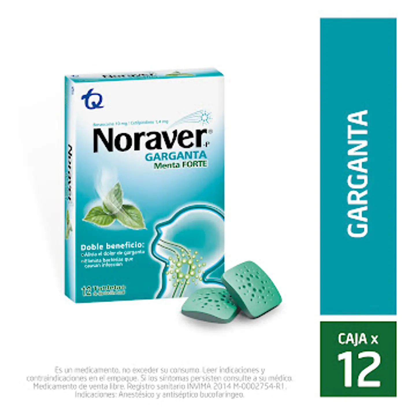Noraver Garganta Menta Benzocain + Cetilpiridinio 10mg/1.4mg Tecnoquímicas Caja 12 Tabletas 1