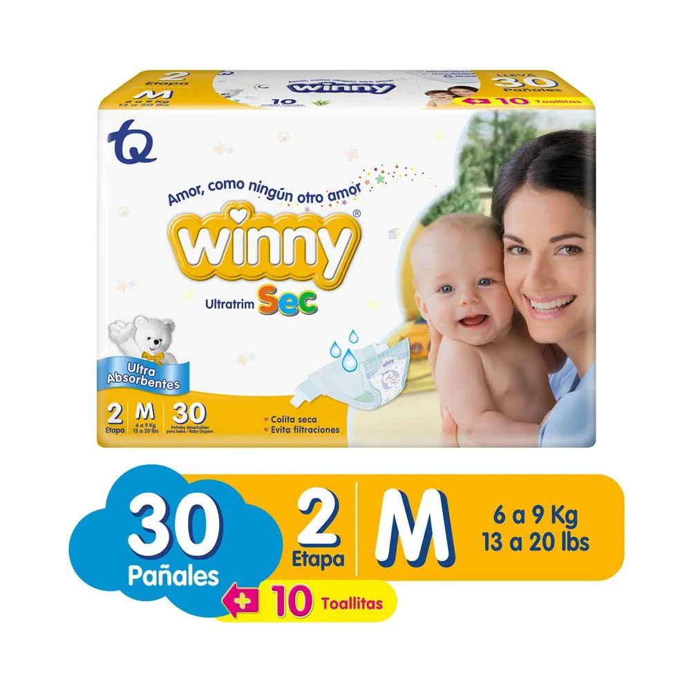 Pañal Winny Sec Etapa 2 X30 Unds + Gratis Toalla 10 Unds