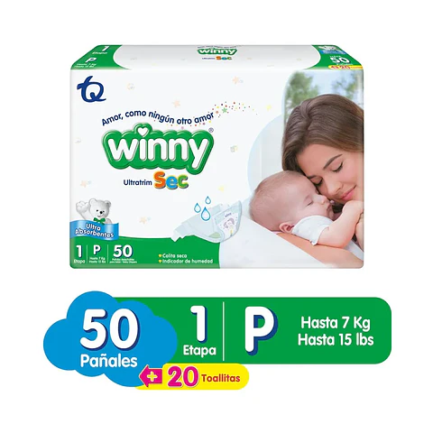 Pañal Winny Sec Etapa 1 X50 Unds + Gratis Toalla 20 Unds