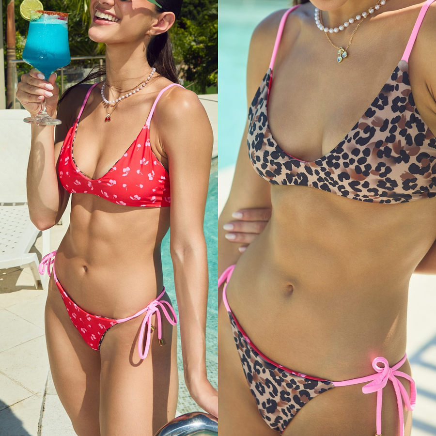 Leopard cherry: bikini reversible, una prenda, dos estilos.