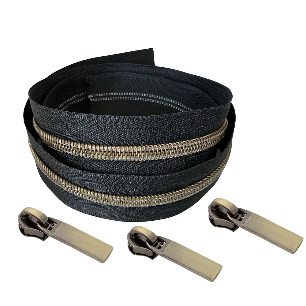 Kit 10 Metros Cierre Nylon Bronce + 10 Carros barra color bronce