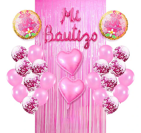 Decoración con globos y cortina rosa
